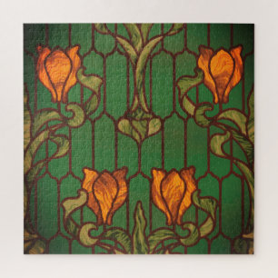 Stained glass floral art nouveau flowers elegant jigsaw puzzle