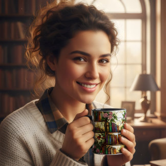 Stained glass floral bookshelf book lover coffee mug