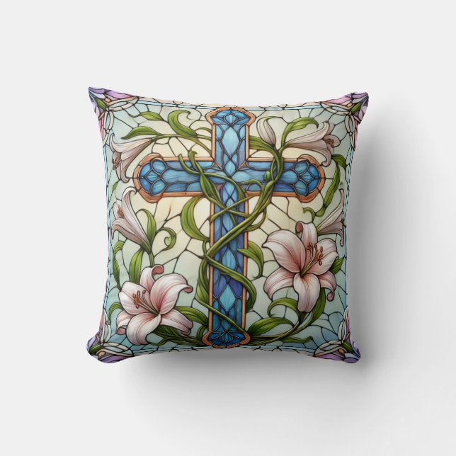 Stained Glass Floral Cross Cushion (Front)