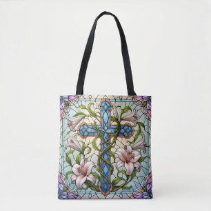 Stained Glass Floral Cross Tote Bag