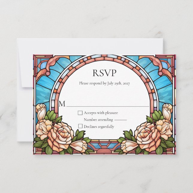 Stained Glass Floral Frame Wedding RSVP Reply Card (Front)