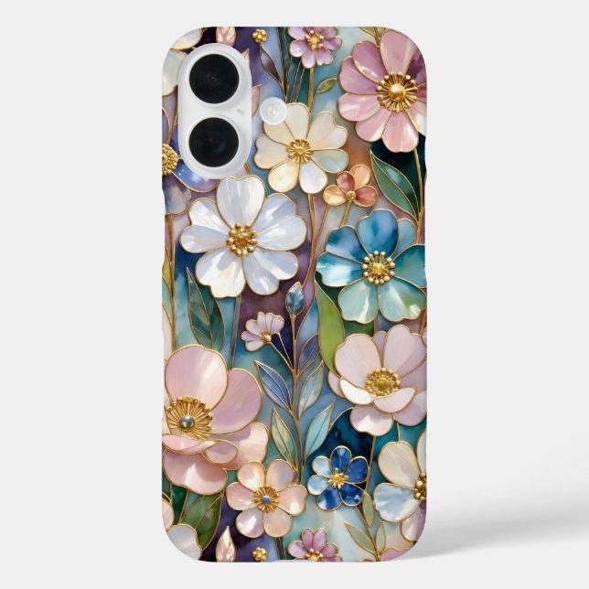 Stained Glass Floral iPhone Case Pastel Blue Pink  (Back)