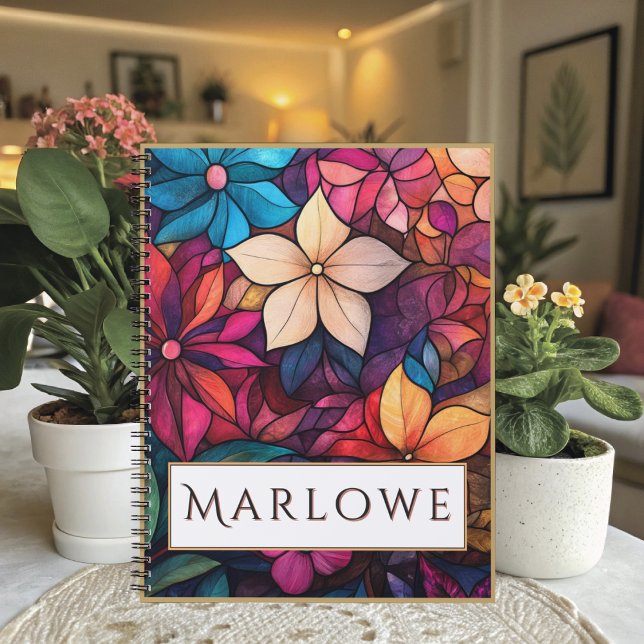 Stained Glass Floral Kaleidoscope of Brilliance Notebook (Artistic floral notebook featuring brilliant jewel, tone petals - stunning office supplies for notes)