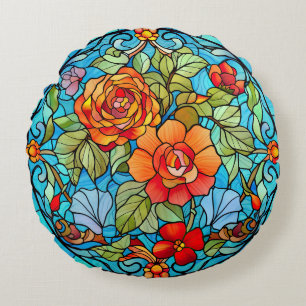 Stained Glass Floral Mosaic Art Design Round Cushion