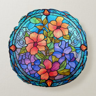 Stained Glass Floral Mosaic Art Design Round Cushion