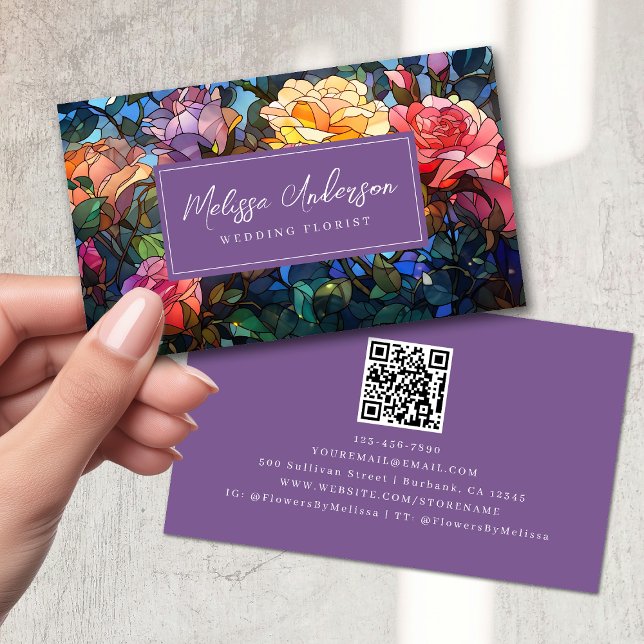 Stained Glass Floral Roses QR Code Business Card (Creator Uploaded)