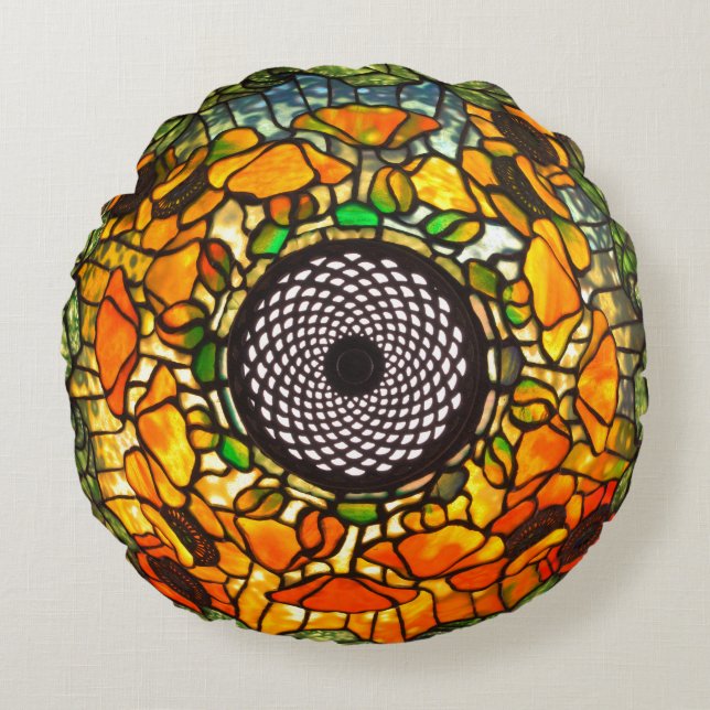 Stained glass floral vintage round cushion (Front)