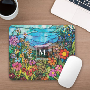 Stained Glass Flower Garden Monogram Mousepad