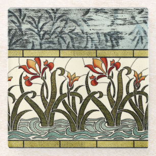 Stained Glass Flowers with Tan Border Coaster