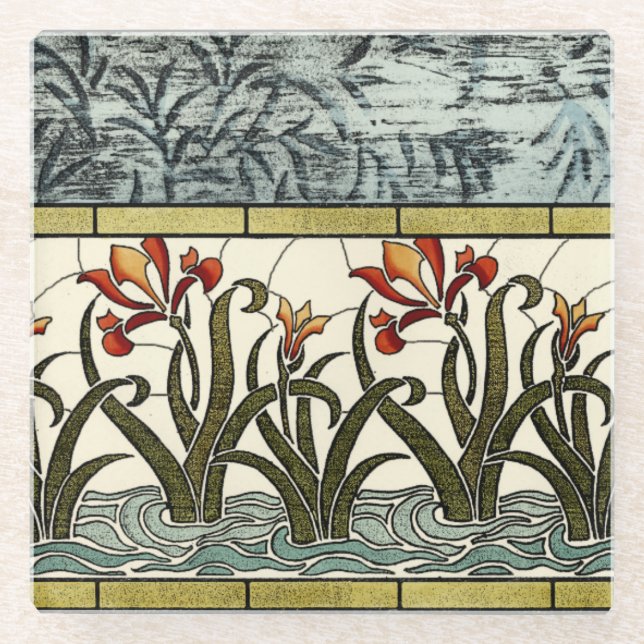 Stained Glass Flowers with Tan Border Coaster (Front)