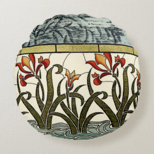 Stained Glass Flowers with Tan Border Round Cushion