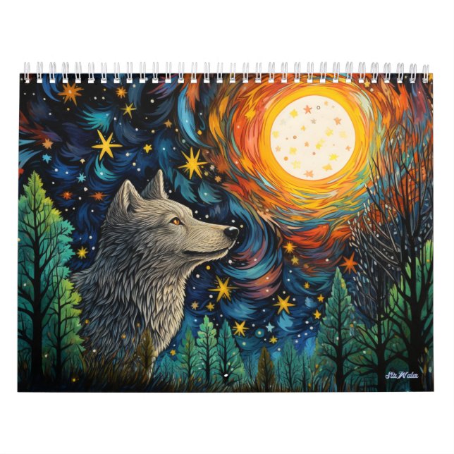 stained glass forest wolf with moon calendar 2025 (Cover)