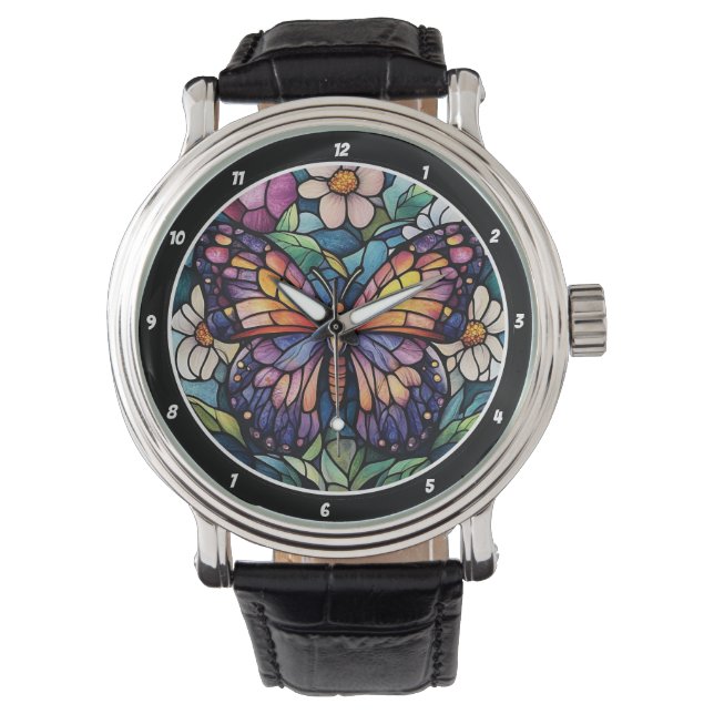 Stained Glass Garden" - Butterfly & Floral  Watch (Front)