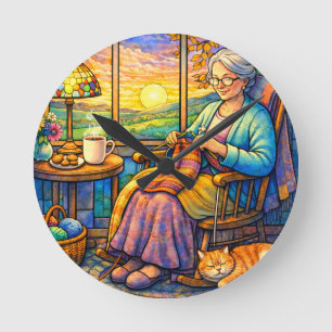 Stained Glass Grandma Knitting, Cat & Cozy Home Round Clock