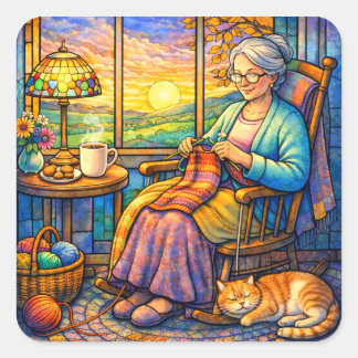 Stained Glass Grandma Knitting, Cat & Cozy Home Square Sticker
