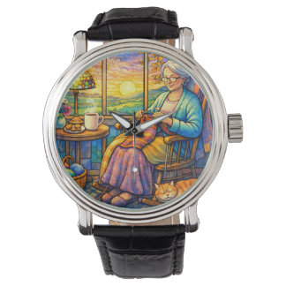 Stained Glass Grandma Knitting, Cat & Cozy Home Watch