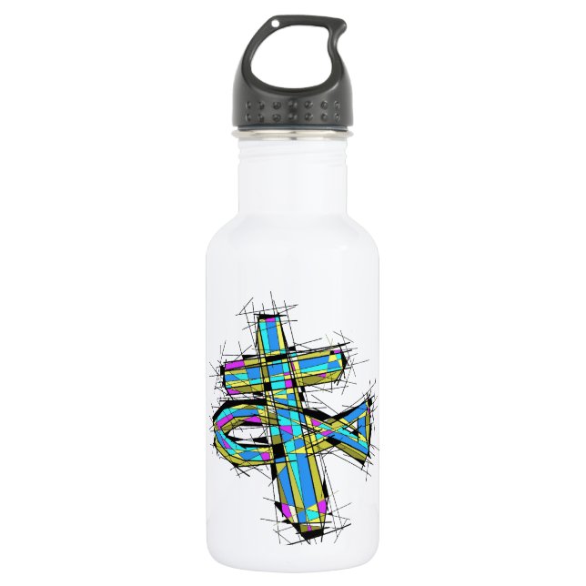 Stained glass graphic of The Cross and The Fish. 532 Ml Water Bottle (Front)