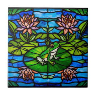 Stained Glass Green Frog and Water Lily Flowers Tile