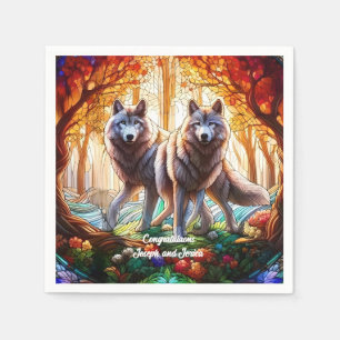 Stained Glass Grey Wolves Pair Napkin