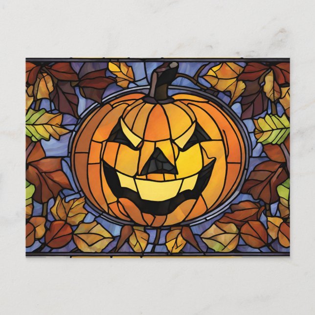 Stained Glass Halloween Pumpkin and Autumn Leaves Holiday Postcard (Front)