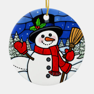 Stained Glass Happy Snowman Ceramic Tree Decoration