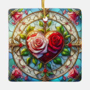 Stained glass heart & roses ceramic ornament