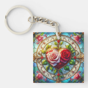 Stained glass heart & roses  key ring