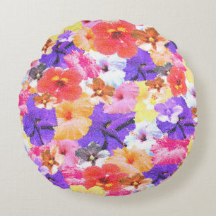 Stained Glass Hibiscus Flowers, Round Cushion
