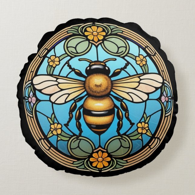 Stained Glass Honeybee Round Cushion (Front)