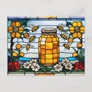Stained Glass Honeybees and Honey Jar  Postcard