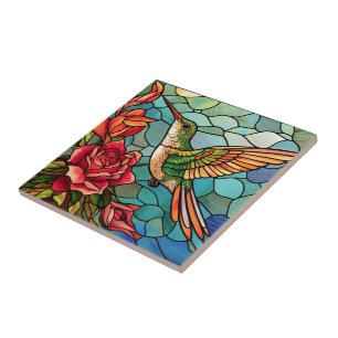 Stained Glass Hummingbird Floral Tile