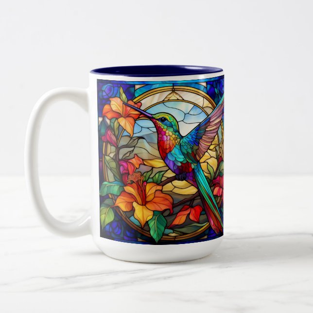 Stained Glass Hummingbird Left Handed Two-Tone Coffee Mug (Left)