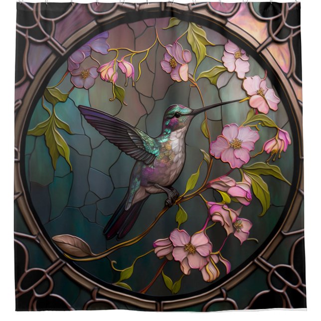 Stained Glass Hummingbird Pattern Spring Flowers Shower Curtain (Front)