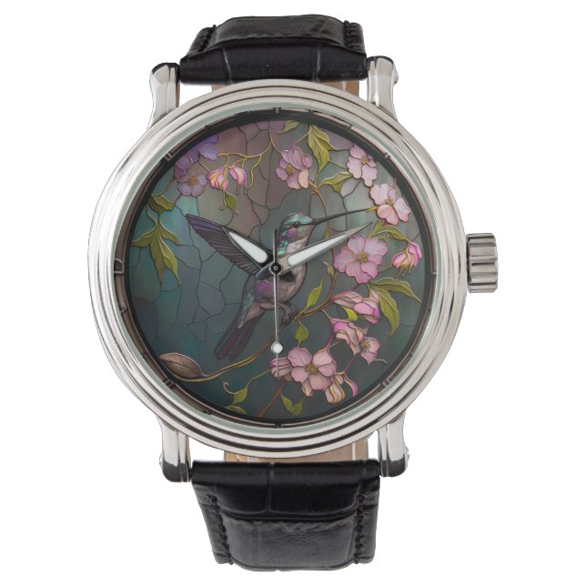 Stained Glass Hummingbird Pattern Spring Flowers Watch (Front)