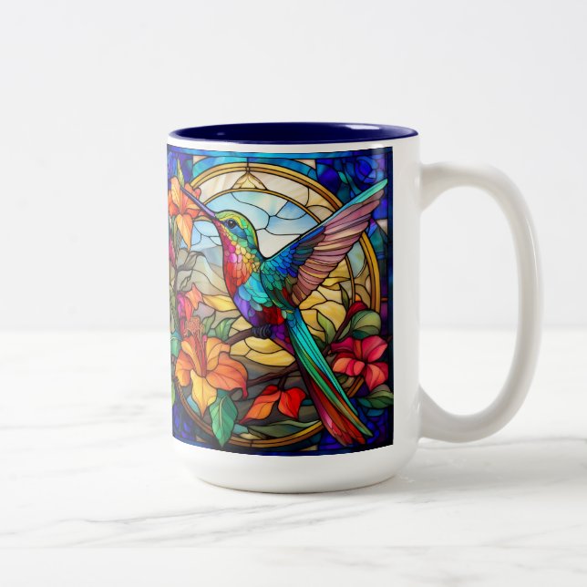 Stained Glass Hummingbird Right Handed Two-Tone Coffee Mug (Right)