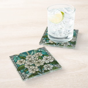 Stained Glass Hydrangea Illustration  Glass Coaster