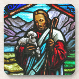 Stained glass image of Jesus and lambs Coaster