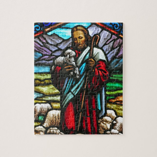 Stained glass image of Jesus and lambs Jigsaw Puzzle (Vertical)