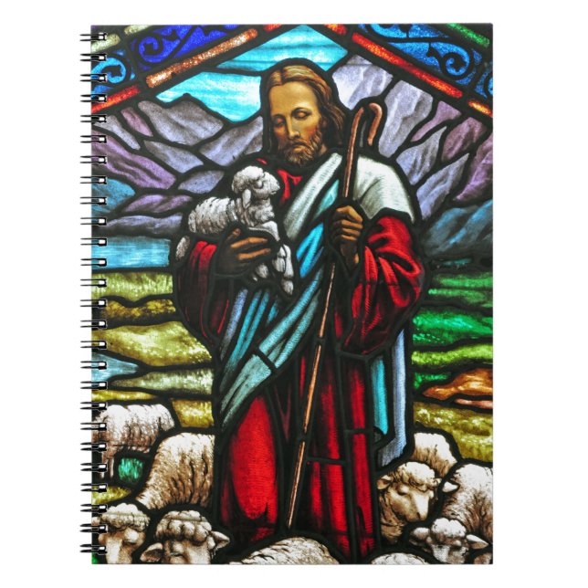 Stained glass image of Jesus and lambs Spiral Notebook (Front)