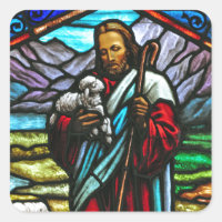 Stained glass image of Jesus and lambs