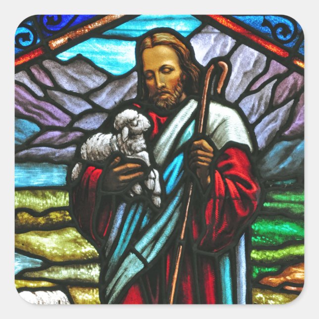 Stained glass image of Jesus and lambs Square Sticker (Front)