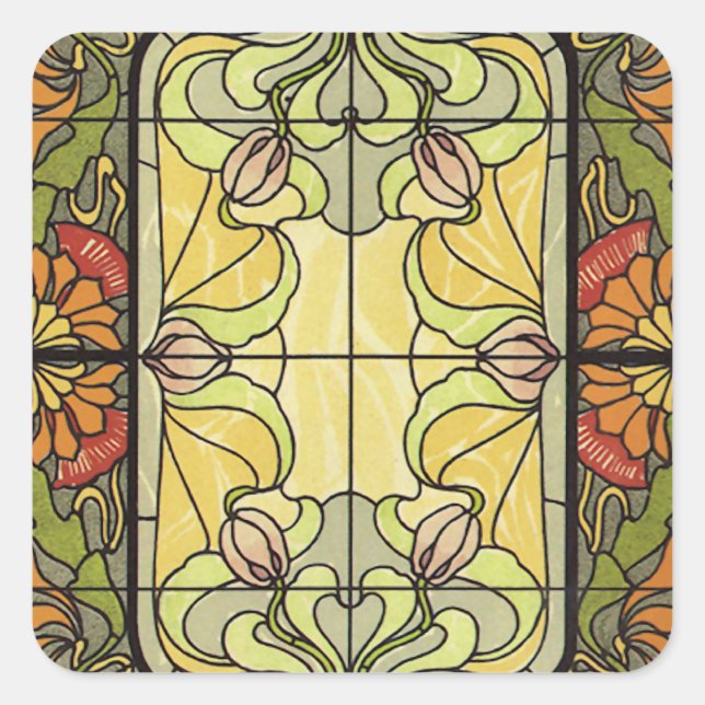 Stained Glass in Moss and Orange Square Sticker (Front)
