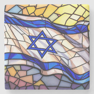 Stained Glass Israel Flag Mosaic Judaica Art  Stone Coaster