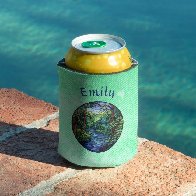 Stained Glass Jungle River Round Custom Can Cooler (In Situ Pool)