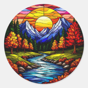 Stained Glass Landscape Classic Round Sticker