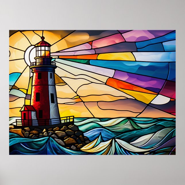 Stained Glass Lighthouse at Sunrise Poster (Front)