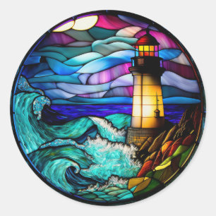 Stained Glass Lighthouse Classic Round Sticker