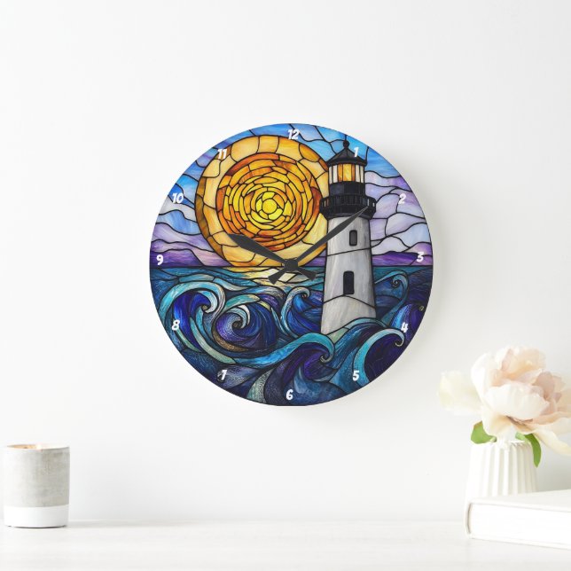 Stained Glass Lighthouse Ocean Sunset Large Clock (Home)