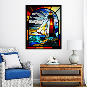 Stained Glass Lighthouse & Ship Poster