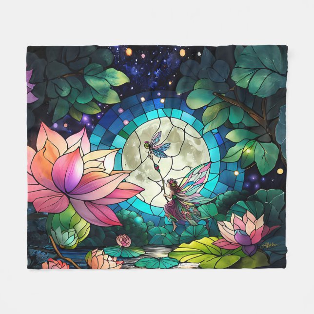 Stained Glass Little Fairy With Dragonfly Fleece Blanket (Front (Horizontal))